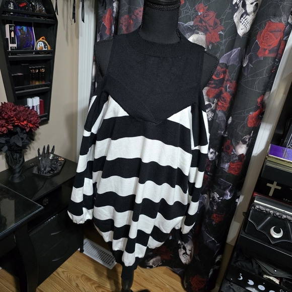 None Dresses & Skirts - Black and White Striped Sweater Dress